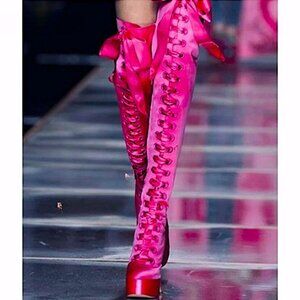 Dolls Kill  X Sugar Thrillz "Heiress Request" Tall Boots Hot Pink Lace Up Size 9